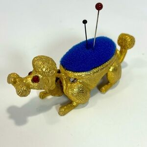 Vintage Florenza Pin Cushion Poodle Dog Sewing Bobblehead Nodder- Gold And Blue